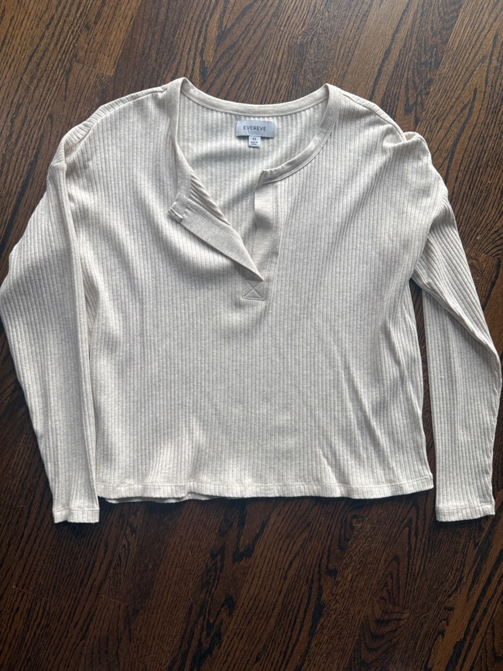 Evereve Cream Ribbed Split-Neck Long Sleeve Top